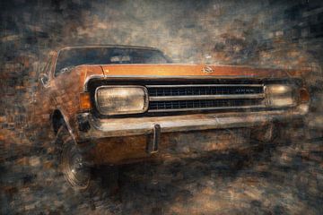 Tijdloos voertuigmotief omgeven door gefragmenteerde lijnen en vlakken van Johnny Flash