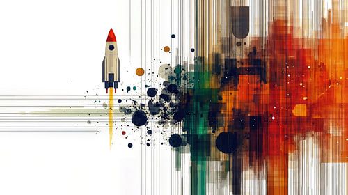 Une fusée à pixels décolle dans l'espace coloré
