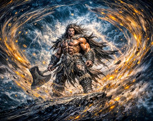 Dynamischer Fantasy-Berserker-Krieger mit mächtiger Streitaxt
