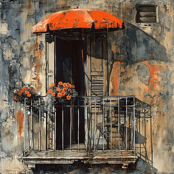 City Balkon Alltag roter Schirm Blumen Schatten Wärme urban von gm_designs