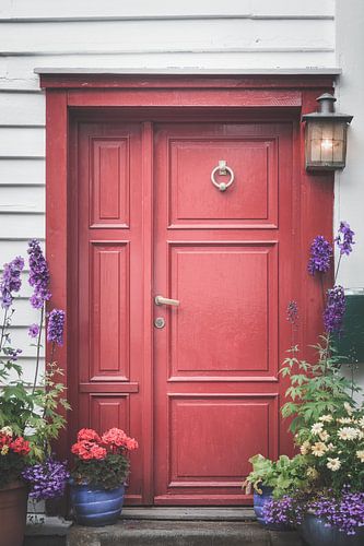 Rote Tür mit Blumen