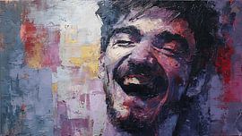 Lachender Mann mit weinendem Schatten – abstraktes, emotionales Ölgemälde in Impasto-Technik von Aden Pink Studio