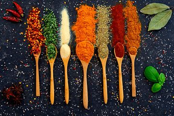 Bright spices and herbs on wooden spoons by Francis Dost