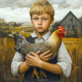 Garçon de ferme avec poulet