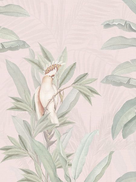 White Cockatoo bird &amp; tropical palm trees on pink by Bloomery Decor