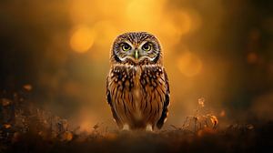 Wise Owl In Autumn Forest With Warm Background Lighting