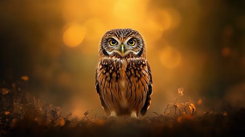 Wise Owl In Autumn Forest With Warm Background Lighting