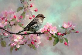 Oiseau printanier sur une branche en fleurs, dans des tons doux sur Jorali Beaux-Arts