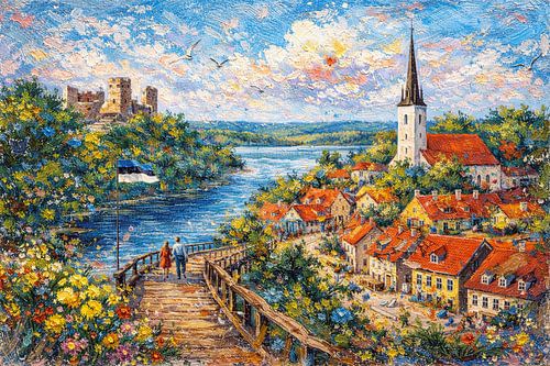 Viljandi in Estland, een impressionistisch schilderij.