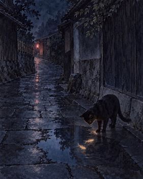 Katze in einer vom Regen gespülten japanischen Gasse