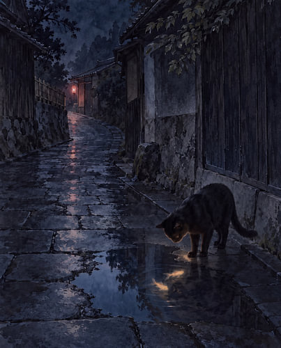 Katze in einer vom Regen gespülten japanischen Gasse
