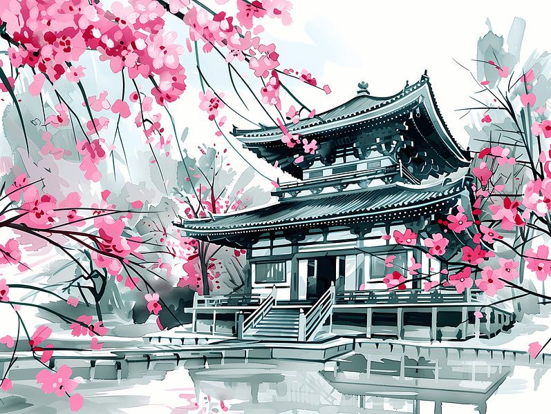 Temple And Sakura by Littlewhitecat