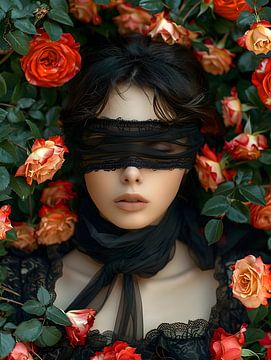 Vrouw met blinddoek in een bed van rozen sensueel van Jan Bechtum
