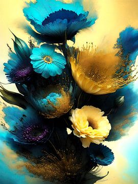 Abstracte bloemen in geel en blauw van Retrotimes