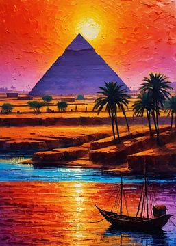 Zonsondergang Nijlrivier met piramide van Gizeh van MIROKKU