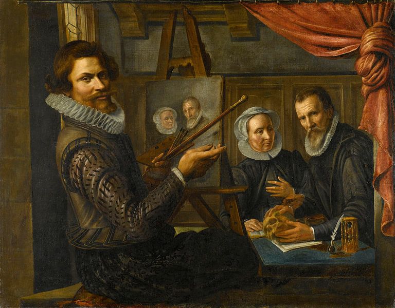 De schilder in zijn atelier Schildert het portret van een getrouwd stel, Herman van Vollenhoven van Meesterlijcke Meesters