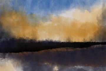 Abstract minimalist landscape in yellow, blue, black and brown by Dina Dankers