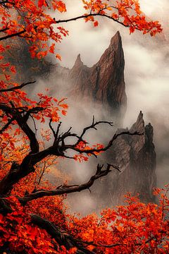 Paysage de montagne automnal dans le brouillard sur Poster Art Shop