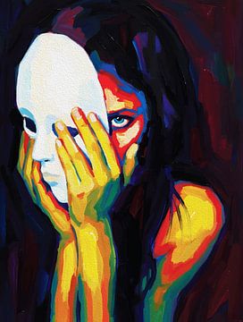 Verborgene Identität - Maskierte Frau Ausdrucksstarkes Ölporträt von Ramy Salah Hefny