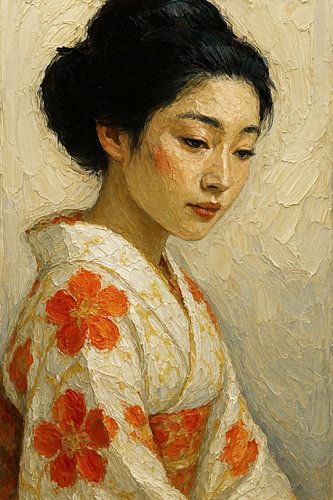 Japanse geisha in kimono ( schilderij klassiek portret vrouw dikke verf zen rustig neutraal zachte kleuren goud)