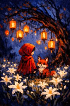 Peinture à l'huile « La petite fille au bonnet rouge et le renard dans la forêt des lanternes »