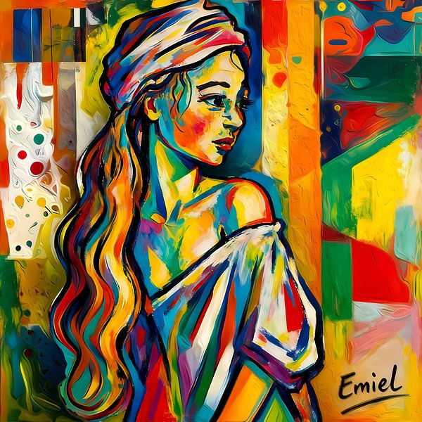 Kleurig schilder vrouw met hoofddoek van Emiel de Lange