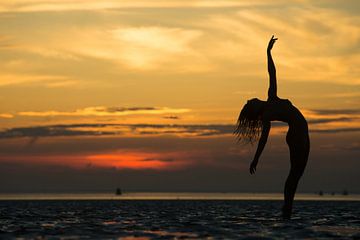 Artistiek naakt silhouette met zonsondergang op de waddenzee