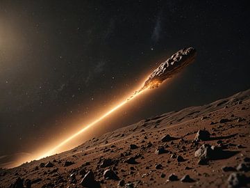 Komeet met staart aan de nachtelijke hemel met sterren boven een woestijnlandschap van Markus Gann