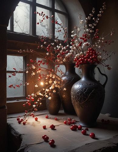 Stilleven vazen met witte bloesem rode besjes tak op vensterbank.