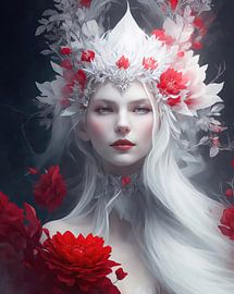 Fantasy portrait of an elf princess with red flowers. by Brian Morgan