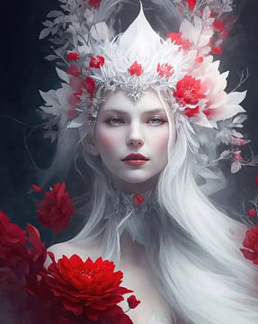 Fantasy portret van een elfprinses met rode bloemen.