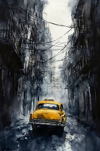 Yellow taxi in a foggy alley