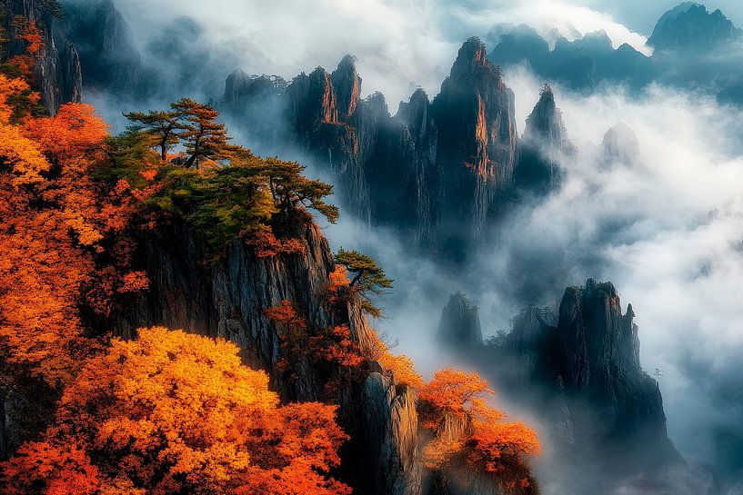 Herbstliche Berglandschaft mit Nebel von Poster Art Shop