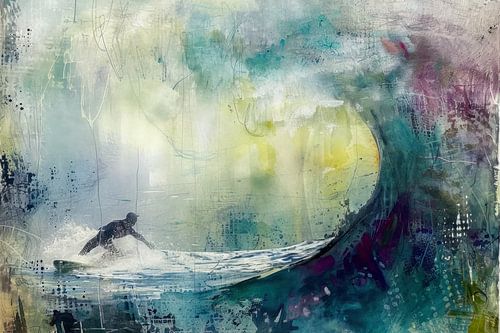 Abstract schilderij van een surfer op een golf