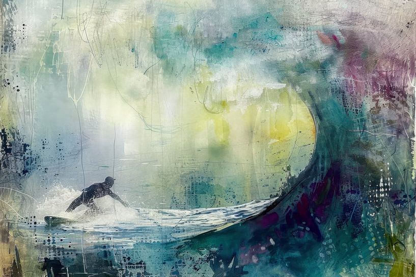Abstract schilderij van een surfer op een golf van BowiScapes abstract en digitale kunst