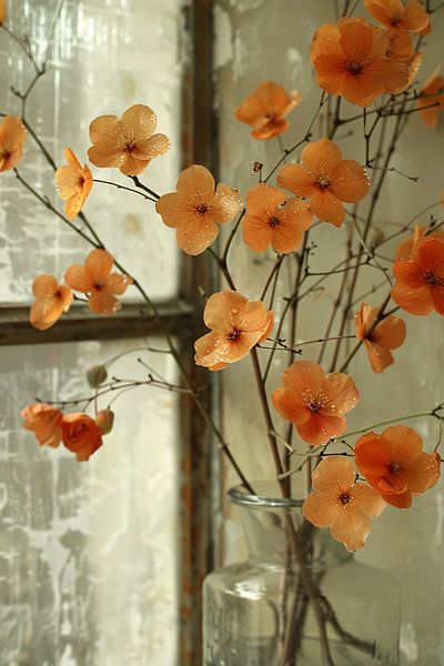 Oranje bloesems in glazen vaas van Art & Soul Creations