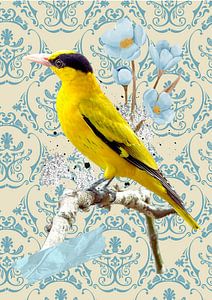Yellow bird on blue vintage wallpaper