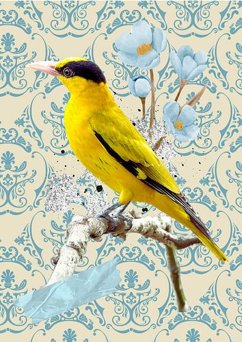 Oiseau jaune sur fond bleu papier peint vintage sur Postergirls