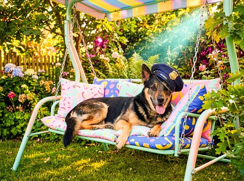 Duitse herder die lekker ligt te chillen op de schommelbank