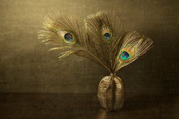 Stillife Feathers of a Peacock in Gold Bronze by Alie Ekkelenkamp