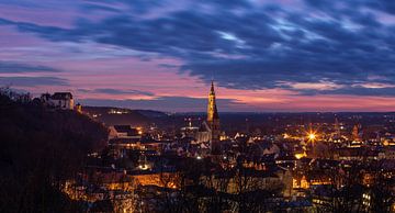 View of Landshut from Carossahöhe at blue hour