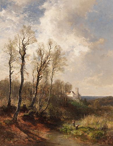 JOSEF WENGLEIN, Kinderen aan de oevers van de Isar met uitzicht op kasteel Grünwald, 1890