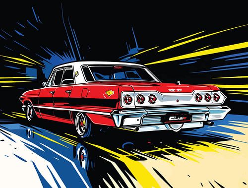 Retro rood muscle car zijportret in popartstijl