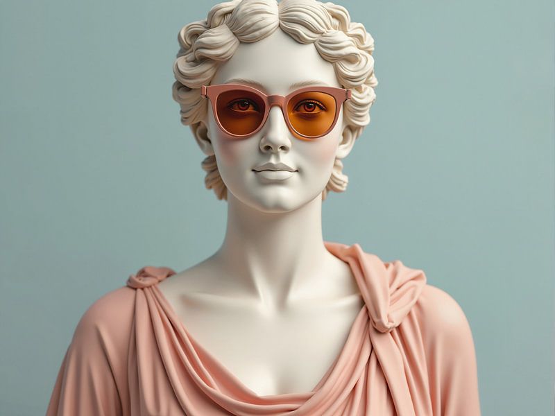 Antique sculpture wearing stylish sunglasses and pink dress by Markus Gann
