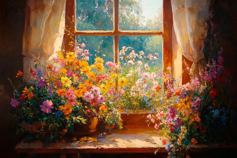 Des fleurs à la fenêtre par Poster Art Shop