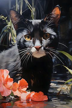 Zwarte kat met wilde bloemen van ColorCat