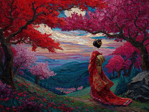 Oil painting of a geisha in a Japanese landscape