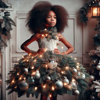 Fille avec une robe en forme de sapin de Noël