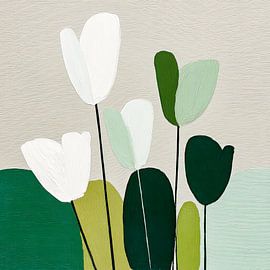 Minimalistische weiße Tulpen in Grün – Moderne Blumenkunst von May