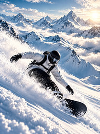 Extreme snowboarder in poedersneeuw - Zonsopgang in de Alpen van MARTINA KUSUMA DEWI
